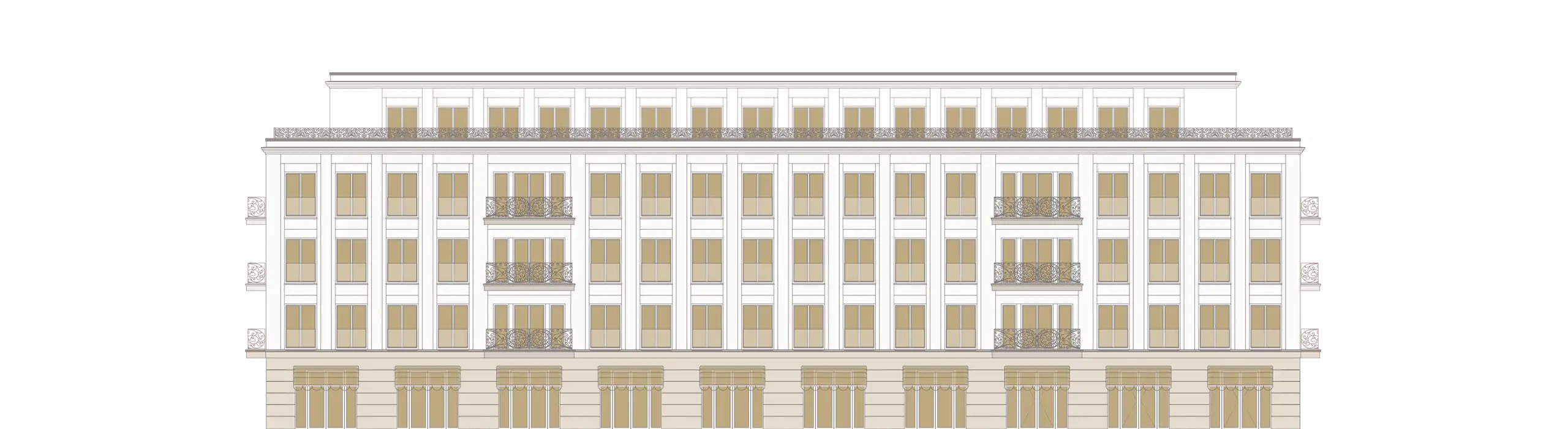 Grafik: Ansicht Haus 3 Palais Diadem und Haus 4 Palais Clivia von Südwesten