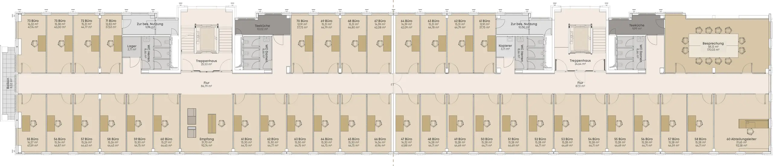 Grafik: Grundriss 3. Obergeschoss in Haus 1 Palais Orion und Haus 2 Palais Saphir