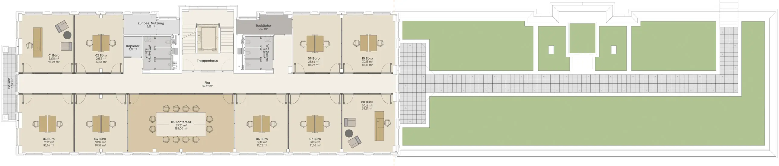 Grafik: Grundriss 4. Obergeschoss in Haus 1 Palais Orion und Haus 2 Palais Saphir